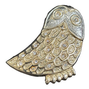 Mid Century Modern Owl Brooch pin Gold Tone Rhinestones Decor Antique Owl Style